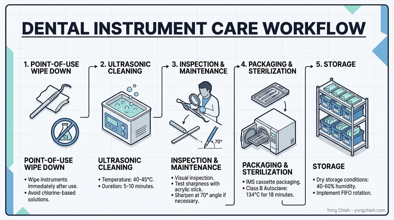 Five-Step Dental Instrument Care Workflow